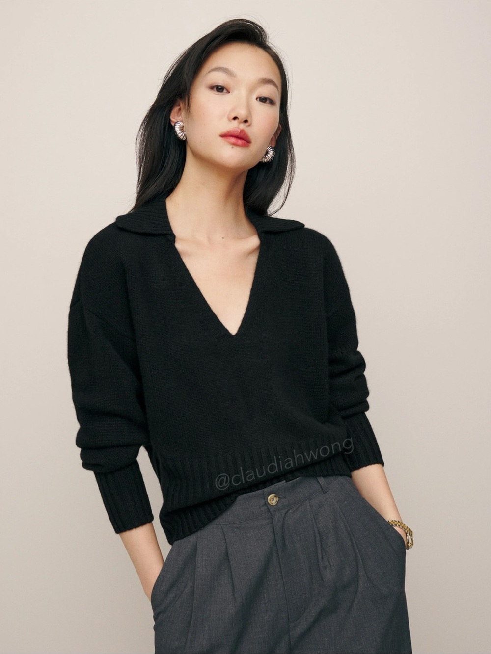 REFORMATION Beckie 100% Cashmere Collared Polo Sweater in Black